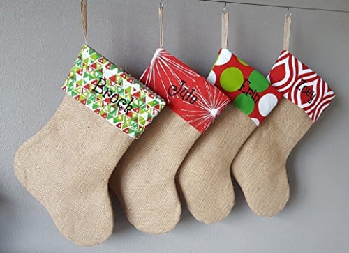 Personalized Christmas Stocking Natural Burlap With Red Lime White Green Patterns 18 Styles 0 0
