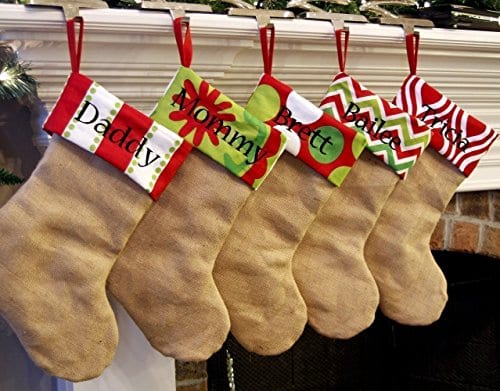 Personalized Christmas Stocking Natural Burlap With Red Lime White Green Patterns 18 Styles 0