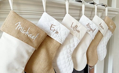 Personalized Christmas Stocking In Natural Burlap Ivory Cream Quilted Cotton Choose From 6 Different Styles 0