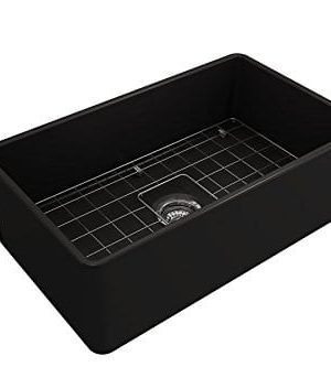 Classico Farmhouse Apron Front Fireclay 30 In Single Bowl Kitchen Sink With Protective Bottom Grid And Strainer In MBlack 0 300x333