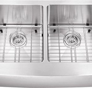 0505AP 5050 33x20x10 Farmhouse Apron Front 16 Gauge Double Bowl Stainless Steel Sink INCLUDES Grid Set And Strainers 0 300x288