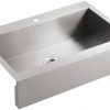 KOHLER K 3942 1 NA Vault Top Mount Single Bowl Kitchen Sink With Shortened Apron Front For 36 Inch Cabinet And Single Faucet Hole Stainless Steel 0 100x100