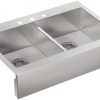 KOHLER K 3944 3 NA Vault Top Mount Double Equal Bowl Kitchen Sink With Shortened Apron Front For 36 Inch Cabinet And 3 Faucet Holes Stainless Steel 0 100x100