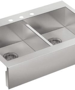 KOHLER K 3944 3 NA Vault Top Mount Double Equal Bowl Kitchen Sink With Shortened Apron Front For 36 Inch Cabinet And 3 Faucet Holes Stainless Steel 0 250x300