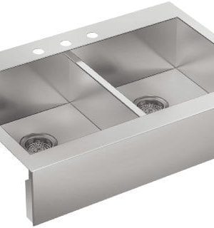 KOHLER K 3944 3 NA Vault Top Mount Double Equal Bowl Kitchen Sink With Shortened Apron Front For 36 Inch Cabinet And 3 Faucet Holes Stainless Steel 0 300x320