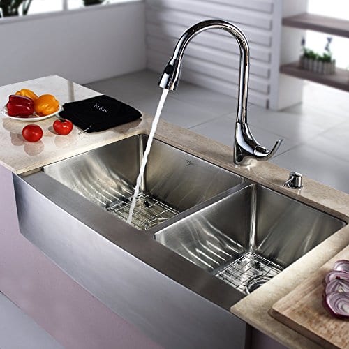 Kraus KHF203 33 KPF1621 KSD30CH 33 Inch Farmhouse Double Bowl Stainless Steel Kitchen Sink With Chrome Kitchen Faucet And Soap Dispenser 0 0