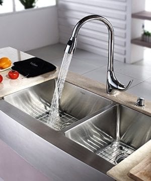 Kraus KHF203 33 KPF1621 KSD30CH 33 Inch Farmhouse Double Bowl Stainless Steel Kitchen Sink With Chrome Kitchen Faucet And Soap Dispenser 0 1 300x360