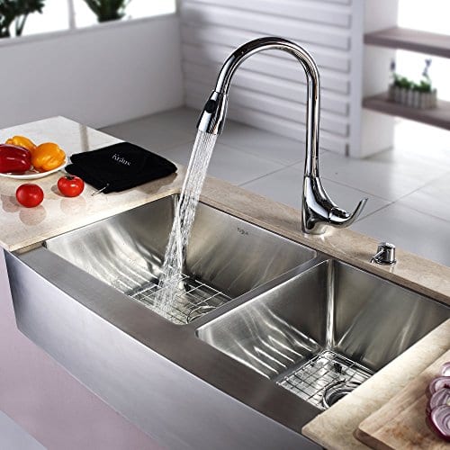 Kraus KHF203 33 KPF1621 KSD30CH 33 Inch Farmhouse Double Bowl Stainless Steel Kitchen Sink With Chrome Kitchen Faucet And Soap Dispenser 0 1