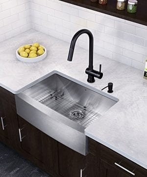 VIGO 30 Inch Farmhouse Apron Single Bowl 16 Gauge Stainless Steel Kitchen Sink With Gramercy Matte Black Faucet Grid Strainer And Soap Dispenser 0 0 300x360