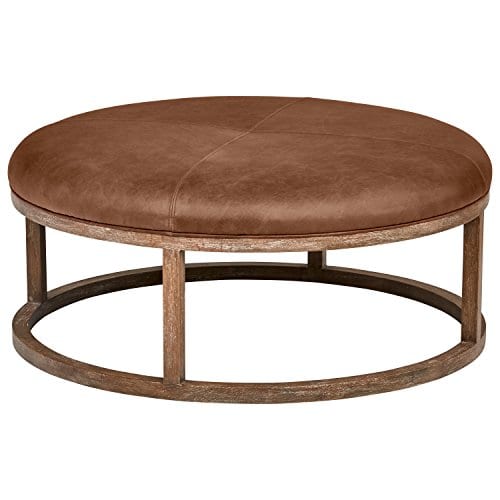 Stone Beam Norah Leather And Wood, Round Leather Coffee Table Ottoman