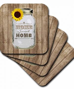 3dRose Cst1285552 Country Rustic Mason Jar With Sunflower Home Sweet Home Soft Coasters Set Of 8 0 300x360