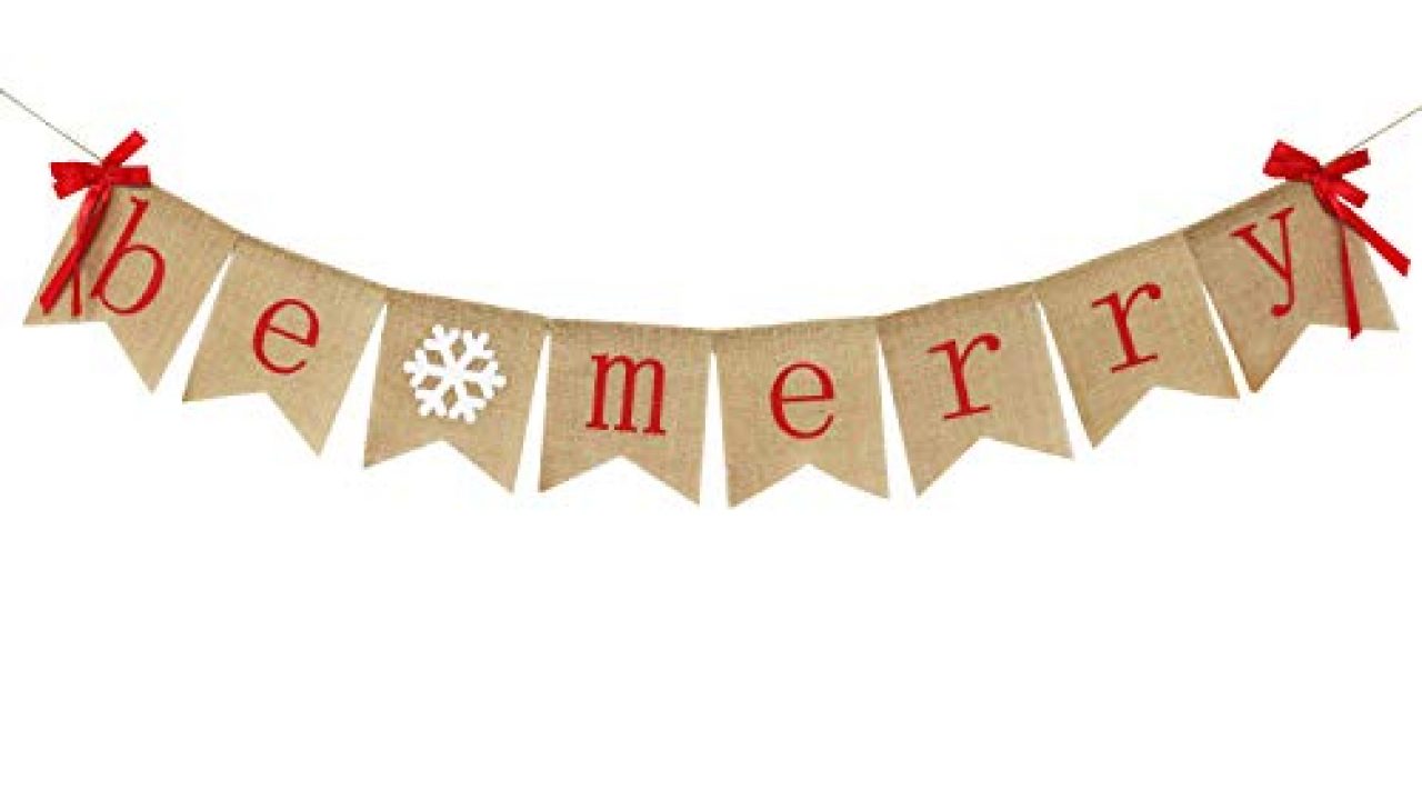 Christmas Be Merry Hessian Bunting Burlap Flags Lace Snowflake White Noel