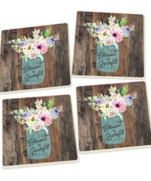 Blessed Grateful Floral Mason Jar Wood Look Set Of 4 Ceramic Coaster Pack 0 300x360