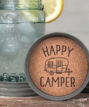 CTW 370165T Happy Camper Mason Jar Lid Coaster For Drinks Summer Kitchen Living Office Bar Camping Lover Home Decor Rustic Farmhouse Style Metal With Absorbent Cork Inside Set Of 4 0 300x360