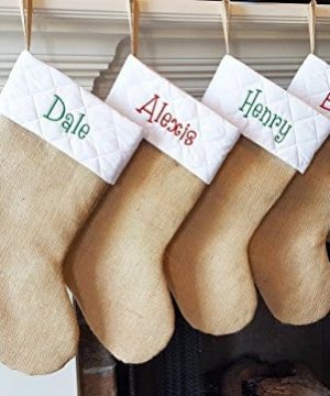 Personalized Christmas Stocking Natural Burlap With White Quilted Cuff Customized With Red Green Silver Gray Gold Navy Name 0 300x360