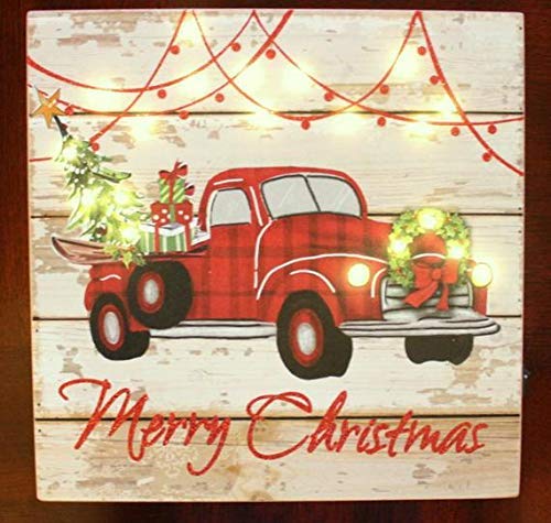 Buffalo Check Christmas Tree Red Truck Farmhouse Sign Block Shelf Sitter 3.5X4.5 