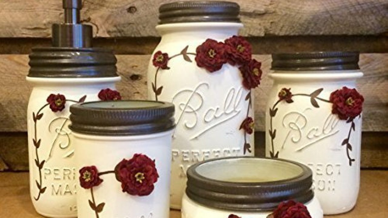 5 Piece Ivory And Burgundy Vintage Style Mason Jar Vanity Set Shabby Mason Jar Bathroom Or Desk Set Vintage Mason Jar Farmhouse Goals