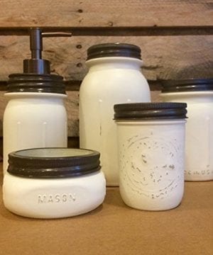 5 Piece Ivory And Burgundy Vintage Style Mason Jar Vanity Set