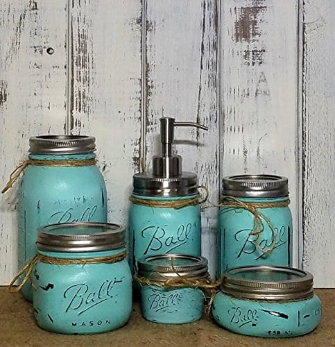 HANDMADE IN THE USA Custom 4 Farmhouse Decor Bathroom Chic Decor Country Chic Decor – 20 Colors Shown in Canary Yellow 5 or 6 Piece Painted Mason Jar Bathroom Set with Soap Dispenser Lid