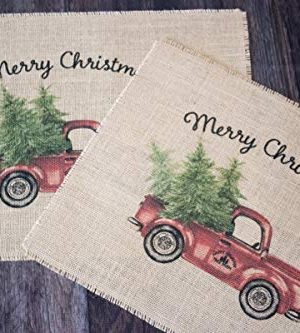 Vintage Red Truck Set Of Two Christmas Burlap Placemats 0 300x333