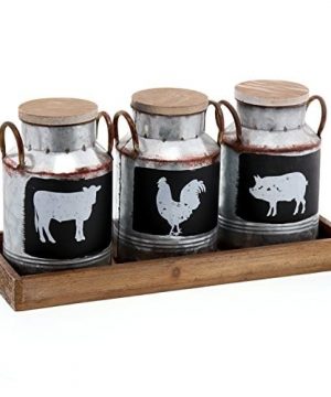 Barnyard Designs Decorative Galvanized Metal Jars With Rustic Handles And Wood Lid Tray Country Home Decor With Farm Animal Jug Designs Set Of 3 0 300x360