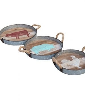 Barnyard Designs Round Metal Wooden Decorative Nesting Tray Set Vintage Rustic Distressed Design Serving Trays For Country Kitchen Coffee Table Set Of 3 0 300x360