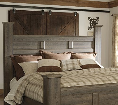 FurnitureMaxx Juararoy Casual Dark Brown Color Replicated Rough Sawn Oak Bed Room Set King Poster Bed Dresser Mirror Nightstand 0 1