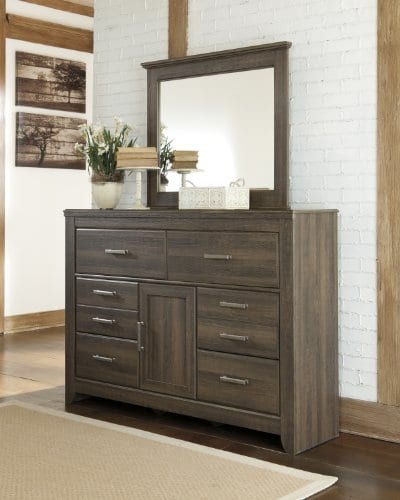 FurnitureMaxx Juararoy Casual Dark Brown Color Replicated Rough Sawn Oak Bed Room Set King Poster Bed Dresser Mirror Nightstand 0 2