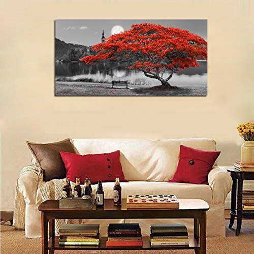 Canvas Wall Art Prints Red Tree Lake Moon Picture One Panel Large Size, Modern Framed Panoramic Landscape Artwork - Farmhouse Goals