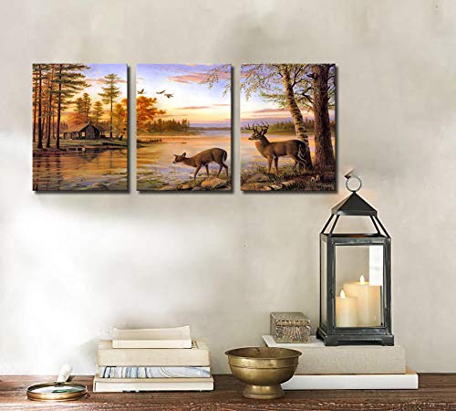 Dusk Rustic Deer Cabin Wall Art Decor Wildlife Landscape Canvas