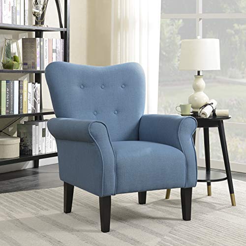 Belleze Modern Accent Chair Roll Arm Linen Living Room Bedroom Wood Leg Blue