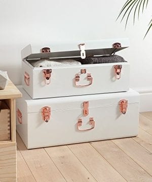 Beautify Cream Vintage Style Steel Metal Storage Trunk Set Lockable And Decorative With Rose Gold Handles College Dorm And Bedroom Footlocker Trunks