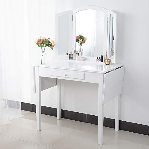 Chende White Vanity Desk With Drop Leaf, Small White Vanity Desk