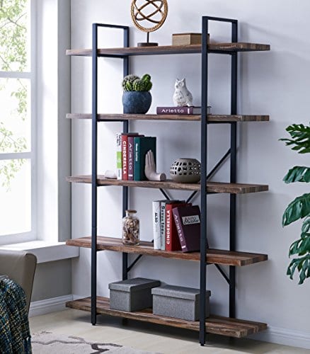 Homissue 5 Tier Bookcase Vintage Industrial Wood And Metal Bookshelves For Home And Office Organizer Retro Brown 0