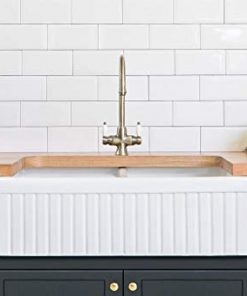 Barkano Farmhouse Farm Kitchen Sink White Double Bowl Fireclay With Apron Front Undermount Installation Reversible Smooth Fluted 33 X 20 X 10 Inches
