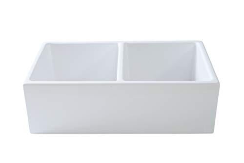 Farmhouse Kitchen Sink White Double Bowl Fireclay With Apron Front Undermount Installation Reversible Smooth Fluted 33 Inches 0 3