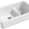 KOHLER K 6426 0 Whitehaven Smart Divide Self Trimming Under Mount Apron Front Double Bowl Kitchen Sink With Short Apron 35 12 Inch X 21 916 Inch X 9 58 Inch White 0 100x100