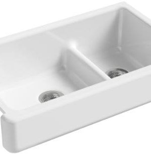 KOHLER K 6426 0 Whitehaven Smart Divide Self Trimming Under Mount Apron Front Double Bowl Kitchen Sink With Short Apron 35 12 Inch X 21 916 Inch X 9 58 Inch White 0 300x305
