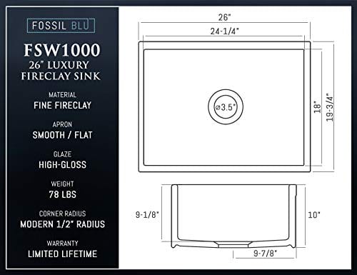Luxury 26 Inch Pure Fireclay Modern Farmhouse Kitchen Sink In White Single Bowl With Flat Front Includes Stainless Steel Drain FSW1000 By Fossil Blu 0 3