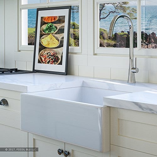 Luxury-26-inch-Pure-Fireclay-Modern-Farmhouse-Kitchen-Sink-in-White-Single-Bowl-with-Flat-Front-includes-Stainless-Steel-Drain-FSW1000-by-Fossil-Blu-0