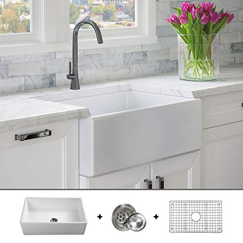 Luxury-30-inch-Pure-Fireclay-Modern-Farmhouse-Kitchen-Sink-in-White-Single-Bowl-Flat-Front-includes-Stainless-Steel-Grid-and-Drain-FSW1001-by-Fossil-Blu-0