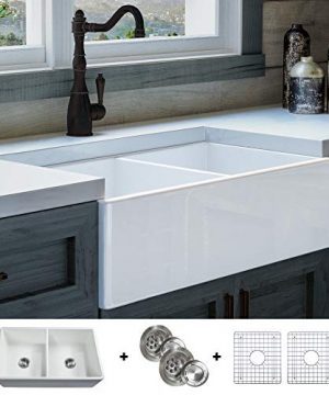 Luxury-33-inch-Pure-Fireclay-Modern-Farmhouse-Kitchen-Sink-in-White-Double-Bowl-Flat-Front-includes-Stainless-Steel-Grids-and-Drains-FSW1003-by-Fossil-Blu--0