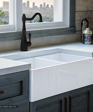Luxury-33-inch-Pure-Fireclay-Modern-Farmhouse-Kitchen-Sink-in-White-Double-Bowl-with-Flat-Front-includes-Stainless-Steel-Drains-FSW1003-by-Fossil-Blu--0