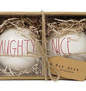 Rae Dunn By Magenta Set Of 2 Naughty Nice Ceramic LL Red Letter Round Bulb Christmas Tree Ornaments 0 300x320
