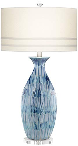 Annette Coastal Table Lamp Ceramic Blue Drip Vase Handcrafted Off White Oval Shade For Living Room Family Bedroom Possini Euro Design 0 0