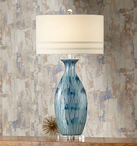 Annette Coastal Table Lamp Ceramic Blue Drip Vase Handcrafted Off White Oval Shade For Living Room Family Bedroom Possini Euro Design 0