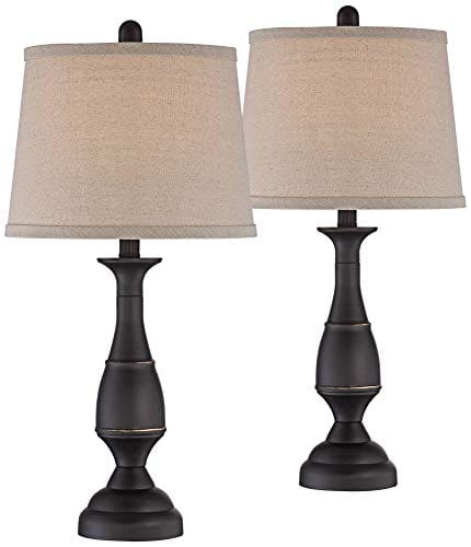 Ben Traditional Table Lamps Set Of 2 Dark Bronze Metal Beige Linen Drum Shade For Living Room Family Bedroom Bedside Farmhouse Goals
