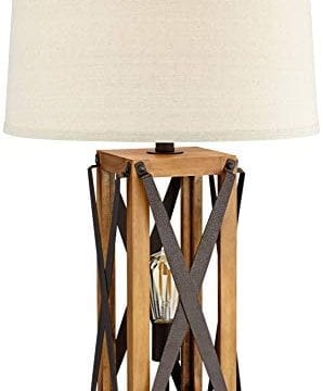 Gaines Farmhouse Table Lamp With Nightlight Led Bronze And Wood Tone Off White Burlap Tapered Drum Shade For Living Room Farmhouse Goals