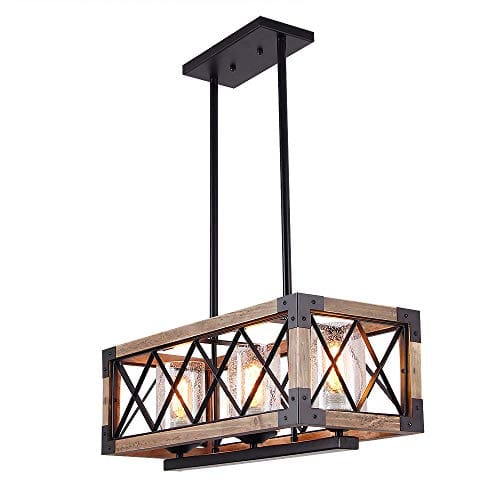 Giluta Kitchen Island Pendant Light Rectangle Wood Metal Chandelier Black Finish Rustic Industrial Chandelier Vintage Ceiling Light Fixture 3 Lights