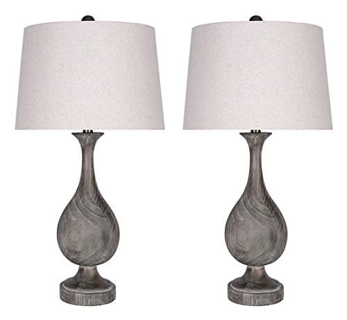 Grandview Gallery 29 Grey Washed Faux Wood Polyresin Table Lamp Set With Teardrop Vase Inspired Design And Oatmeal Linen Tapered Shades Perfect For Nightstands And End Tables Set Of 2 0